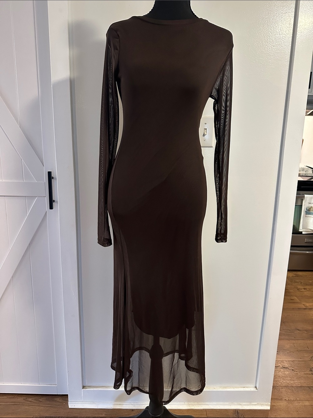 Long Sleeve Brown Sheer-Panel Maxi Dress